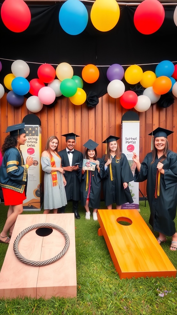 A group of graduates celebrating with colorful balloons and games at a graduation party.
