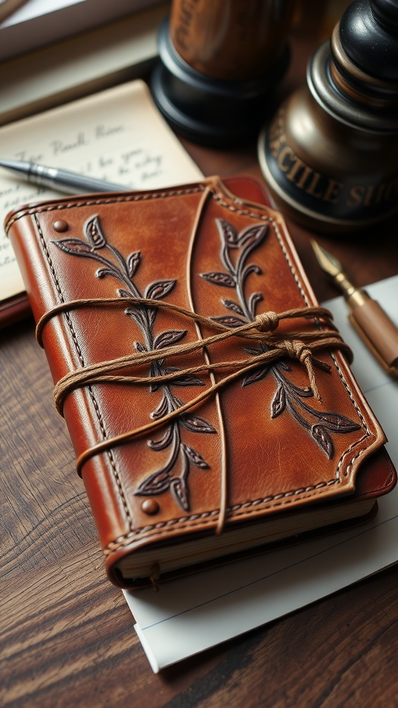 A beautifully crafted leather journal with decorative embossing on a wooden desk.