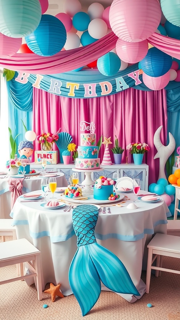 Colorful mermaid-themed birthday party setup with balloons, a cake, and decorations.