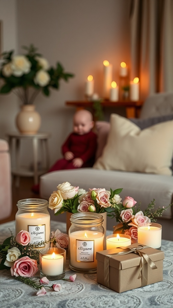 A collection of scented candles surrounded by flowers and a gift box.