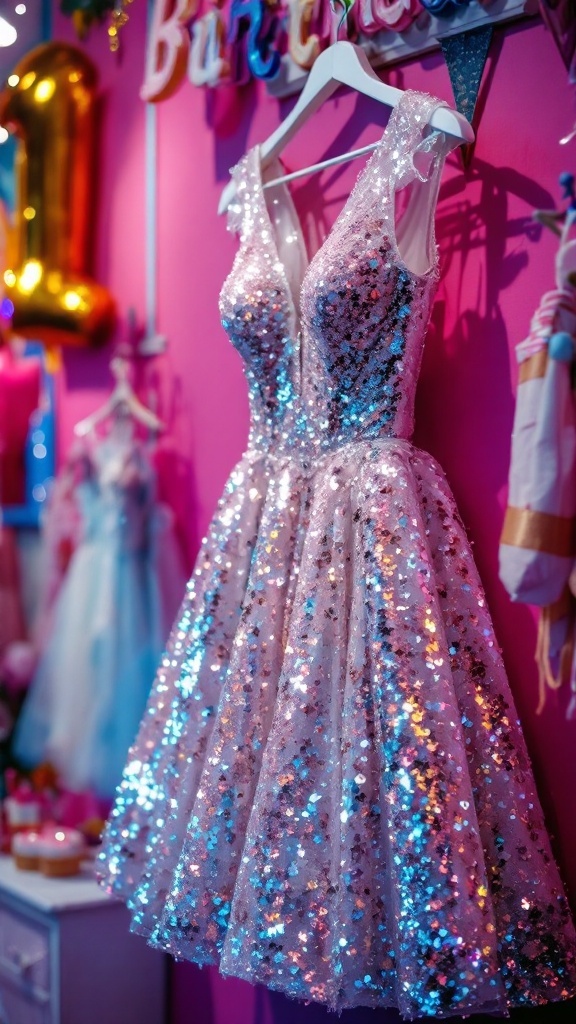 A pink sequin dress hanging on a wall with a colorful birthday theme.