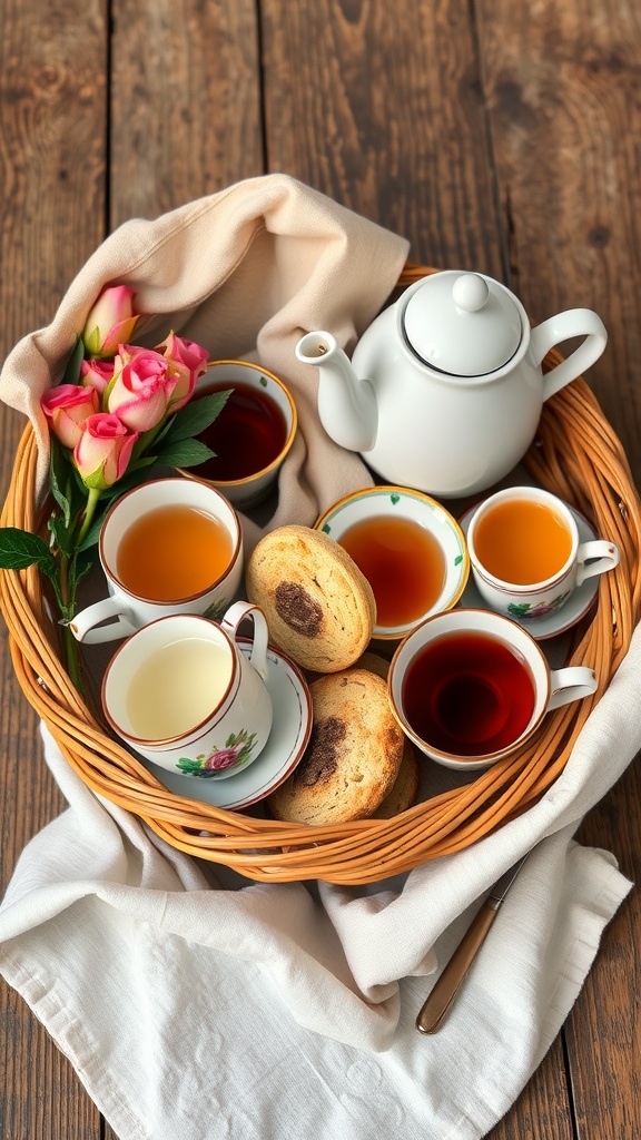 A beautifully arranged tea time basket with a teapot, assorted cups of tea, cookies, and roses.