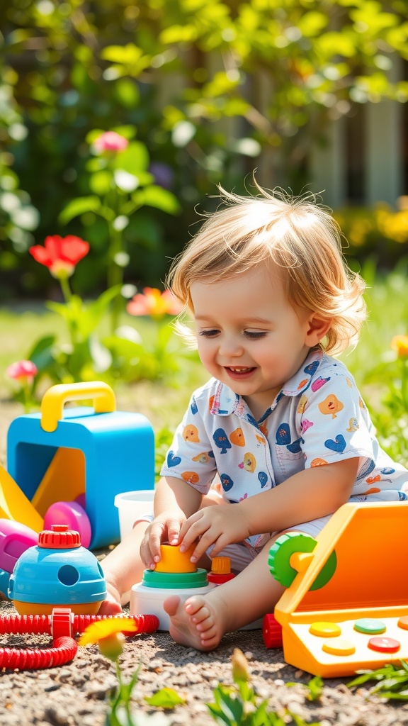A happy toddler playing with colorful toys in a garden