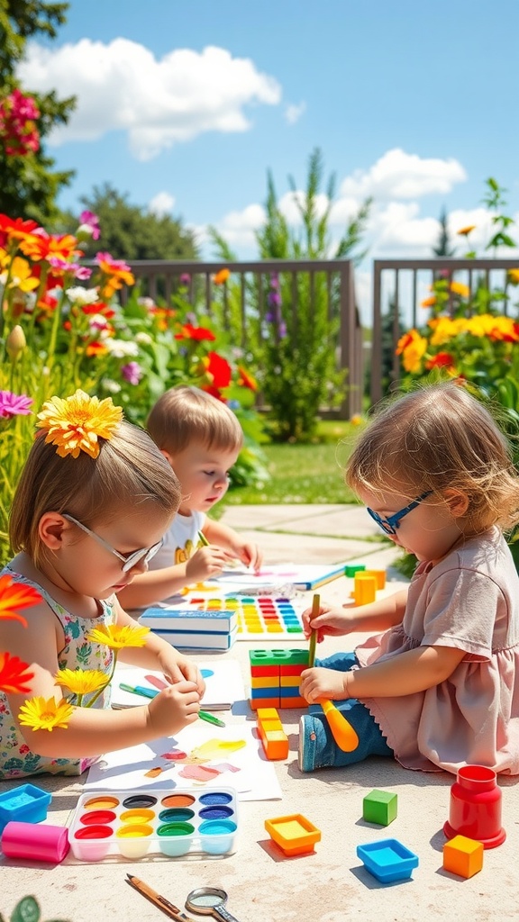 Toddlers engaged in colorful arts and crafts activities in a garden.