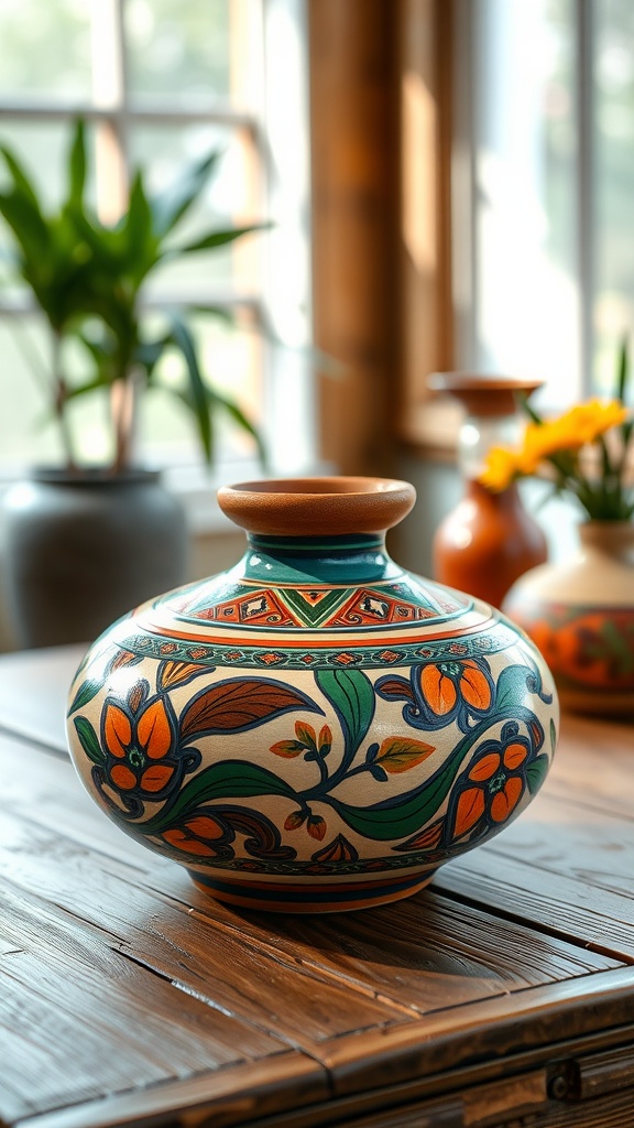 A beautifully crafted pottery vase with colorful floral designs