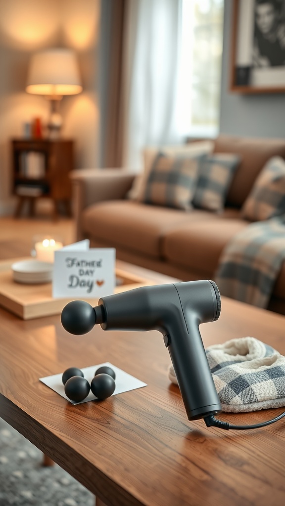 A massage gun placed on a coffee table with a Father's Day card in a cozy living room.