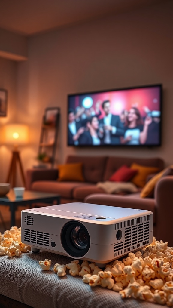 A mini projector on a couch with popcorn, showing a movie on a screen.