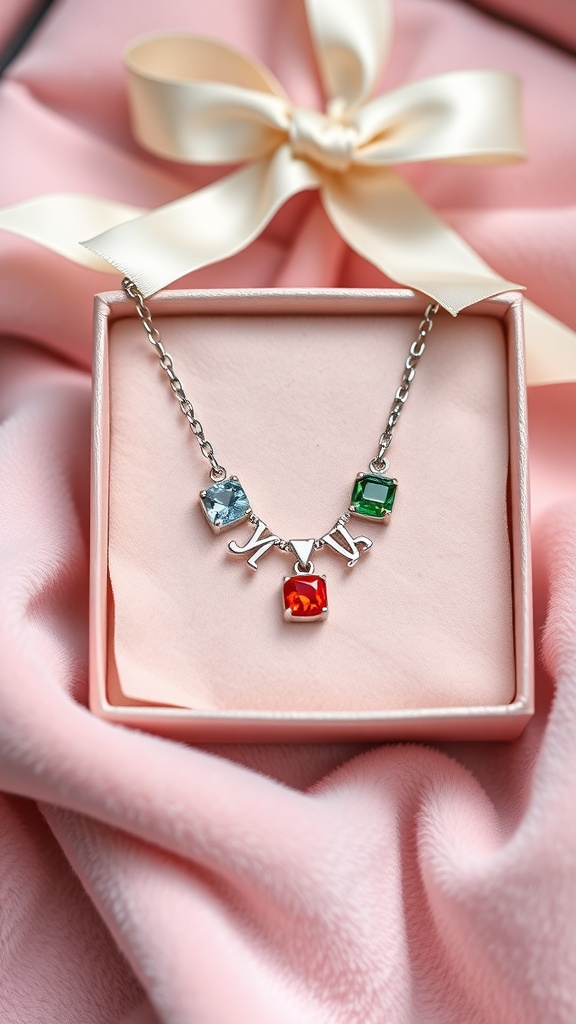 A personalized birthstone necklace in a gift box with a pink ribbon.