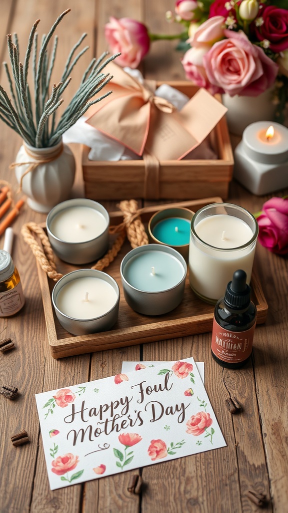 A beautiful arrangement of candles, a gift box, and a Happy Mother's Day card.
