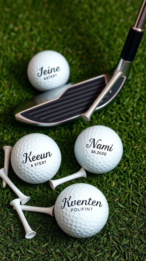 Custom golf balls with names and a golf club on green turf.