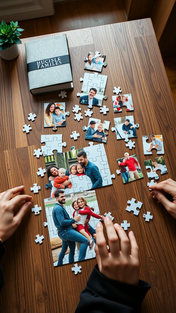 A custom puzzle made from family photos, with hands assembling the pieces.