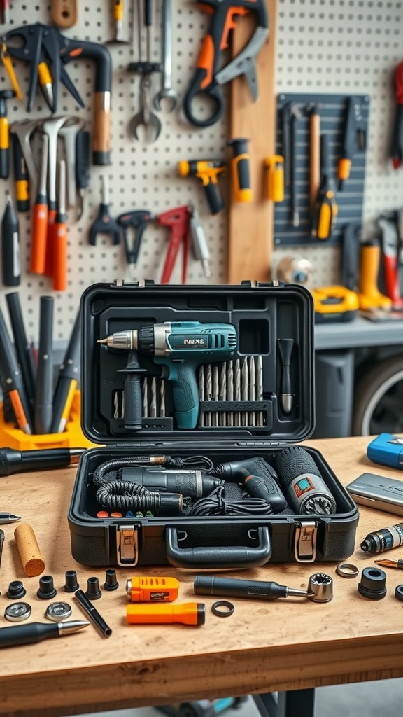 A well-organized electric drill set with various tools and accessories.