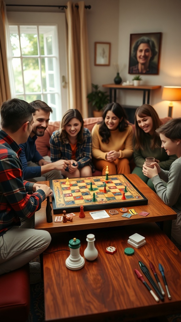 A group of people enjoying a classic board game together in a cozy living room.