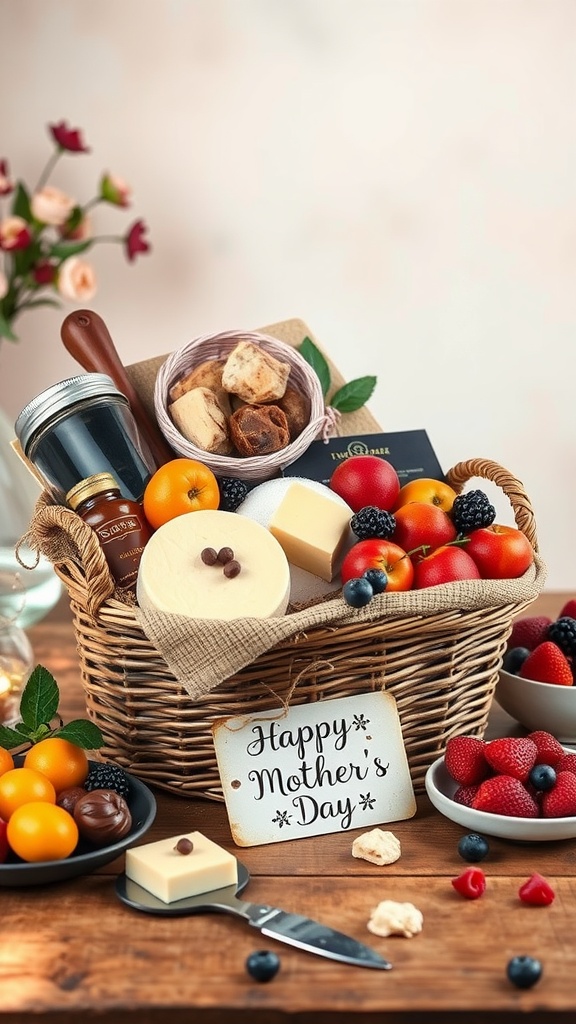 A beautifully arranged gourmet food basket with fruits, cheeses, and sweets, featuring a 'Happy Mother's Day' sign.