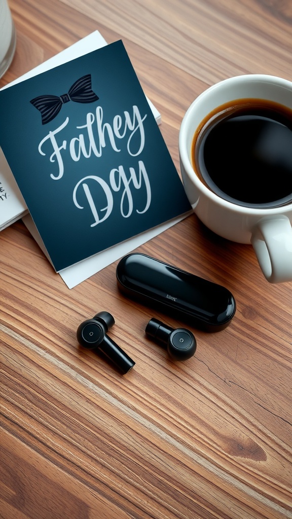 Bluetooth earbuds next to a coffee cup and a Father's Day card