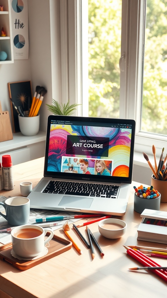 A cozy workspace with a laptop displaying an online art course, surrounded by art supplies and a cup of coffee.