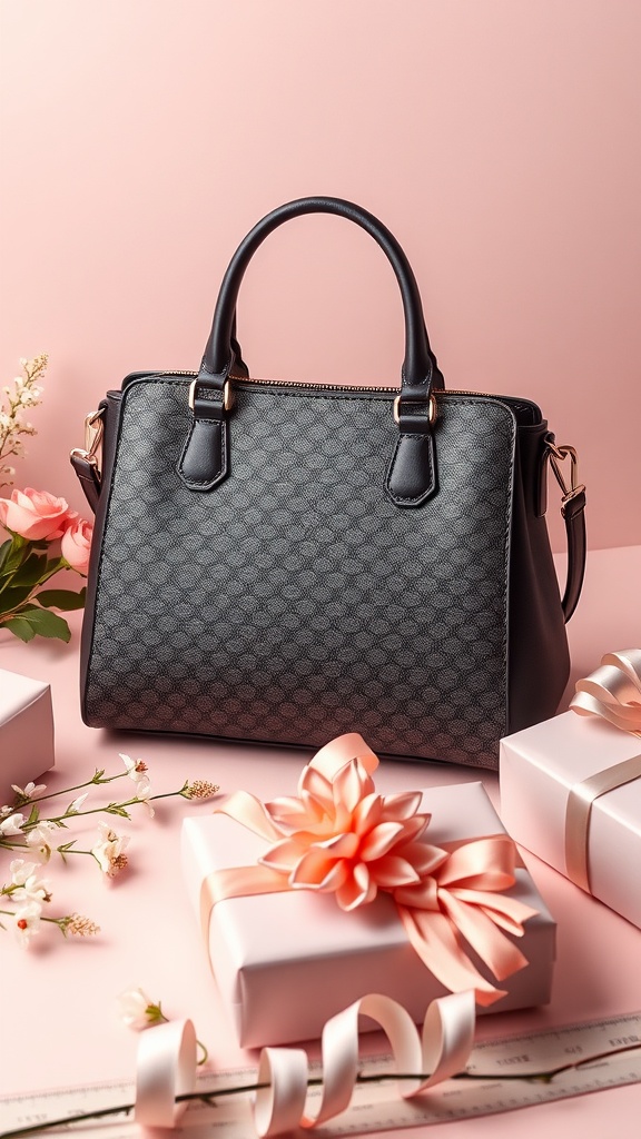 A stylish designer handbag placed next to wrapped gifts and flowers.