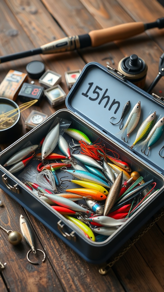 An organized fishing tackle box filled with colorful lures and fishing gear.