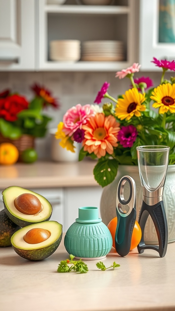 A colorful kitchen scene featuring avocado halves, unique kitchen gadgets, and vibrant flowers.