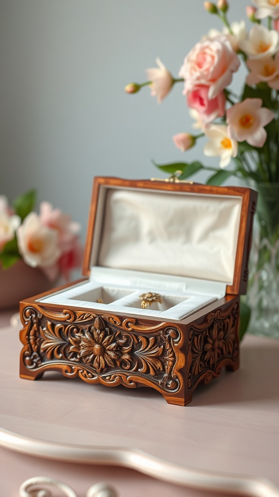 A beautifully crafted handmade jewelry box with intricate designs, displayed among flowers.