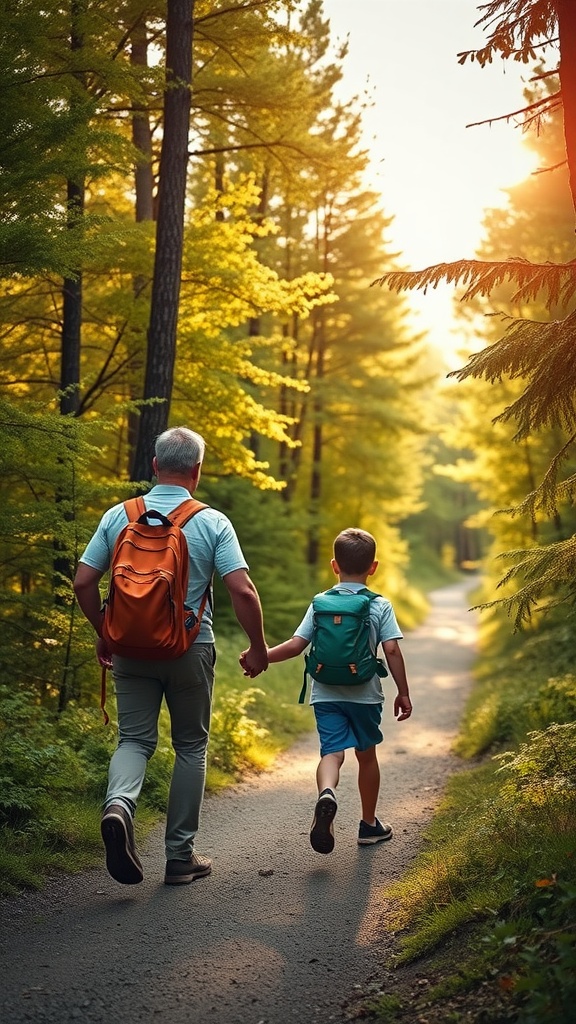 A father and son walking hand in hand on a forest trail during sunset.
