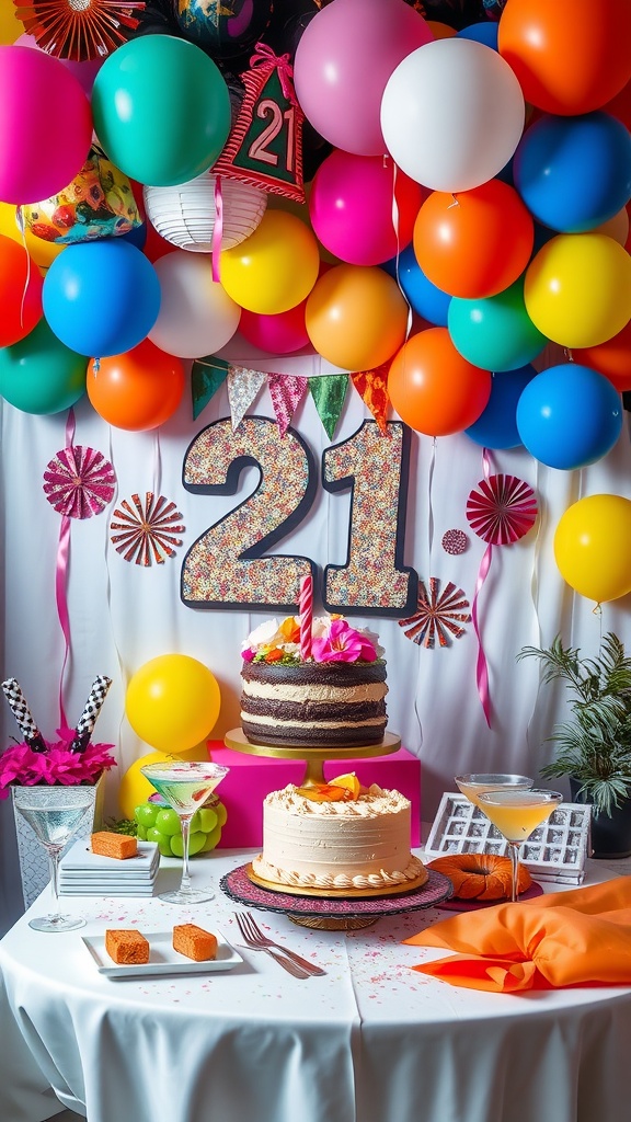 Colorful birthday decorations featuring balloons, cakes, and a '21' sign