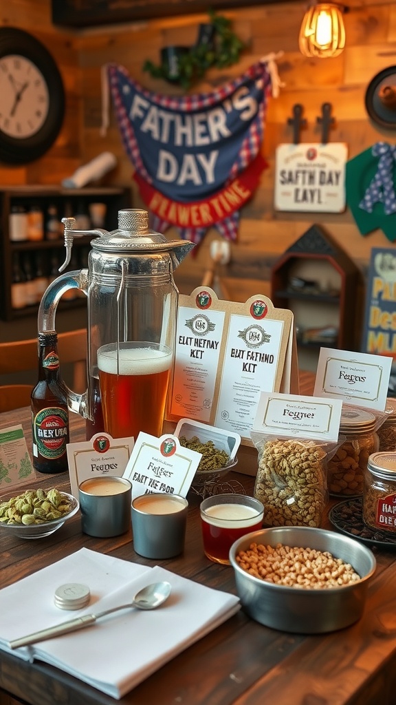 A beer brewing kit displayed with ingredients and Father's Day decorations.