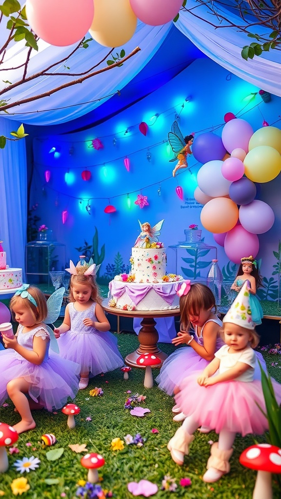 Kids celebrating a fairy theme birthday party with colorful balloons and a beautiful cake