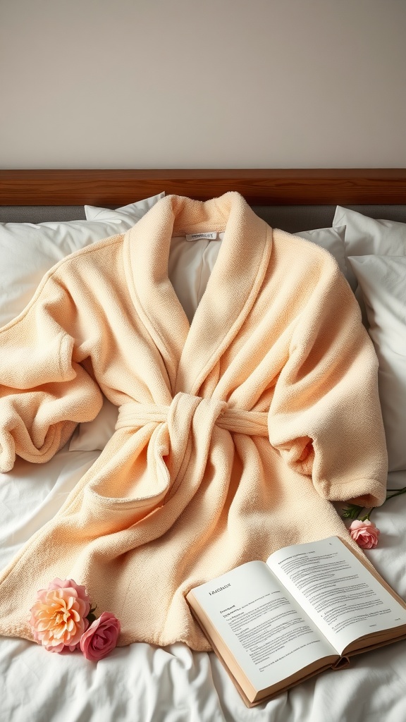 A soft luxury bathrobe laid out on a bed next to an open book and flowers.