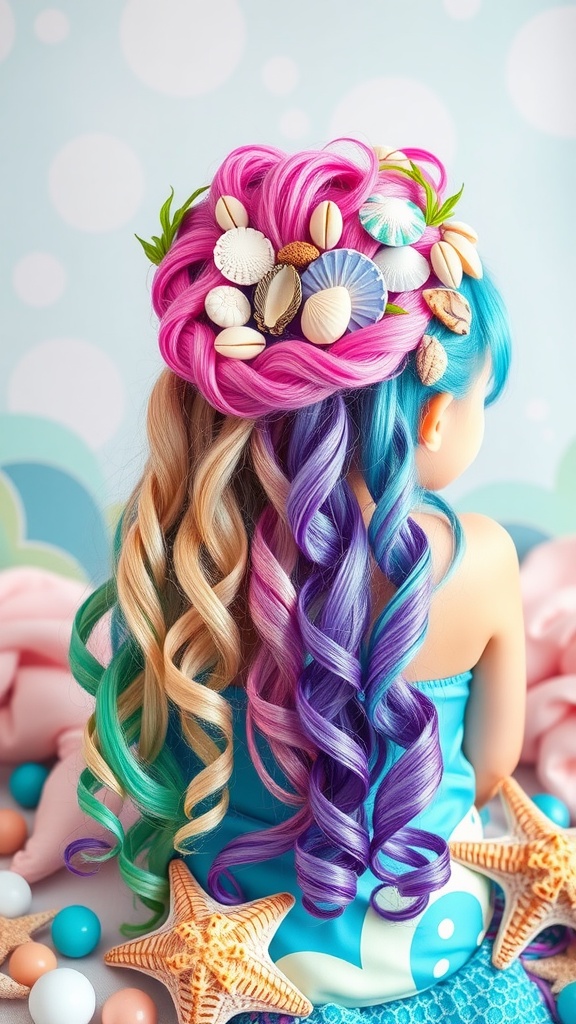 Colorful mermaid hairstyle with shells and curls