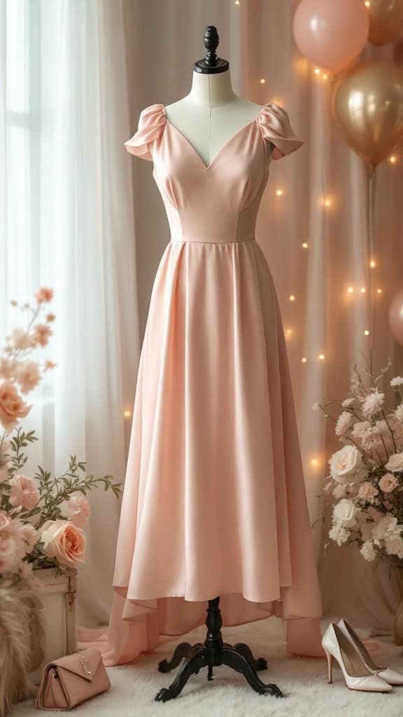 A beautiful blush satin dress displayed on a mannequin, with soft lighting and floral decorations.
