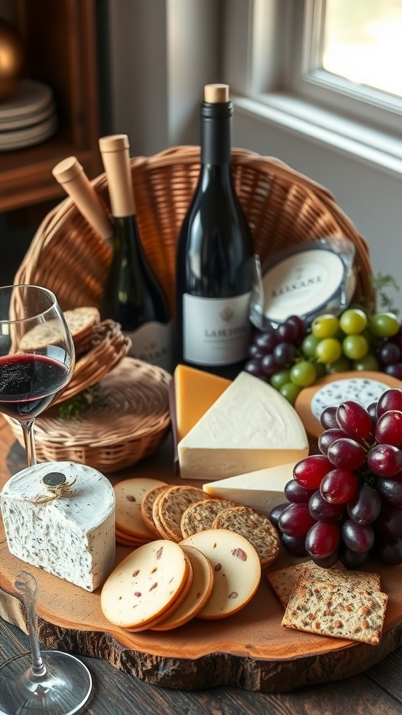 A beautifully arranged wine and cheese basket featuring various cheeses, crackers, grapes, and wine bottles.