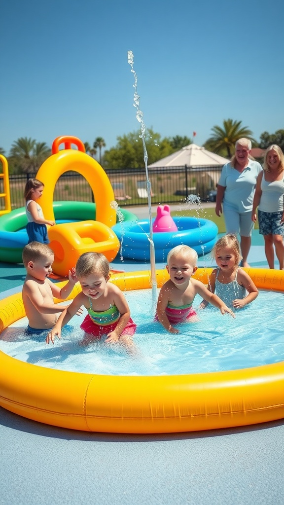 Children playing in a water play area during summer.