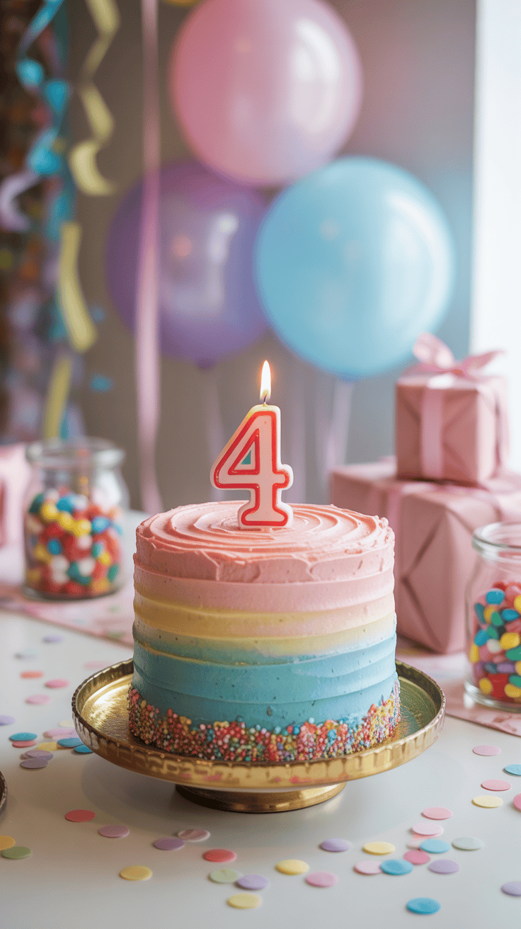 A pastel-colored cake with a burning number 4 candle on top, surrounded by colorful balloons and confetti, set on a white table with jars of candy and wrapped gifts in the background.