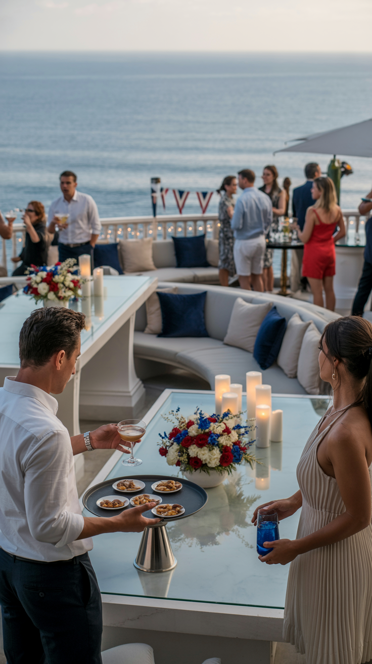 People socializing at an elegant outdoor party by the ocean, with food, drinks, and floral centerpieces on tables.