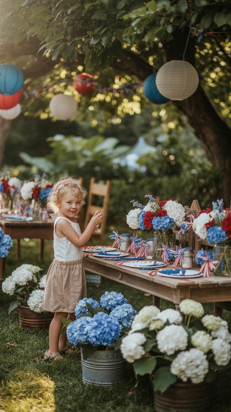A young girl stands by a decorated outdoor table with flowers and ribbons, under hanging lanterns in a garden setting.