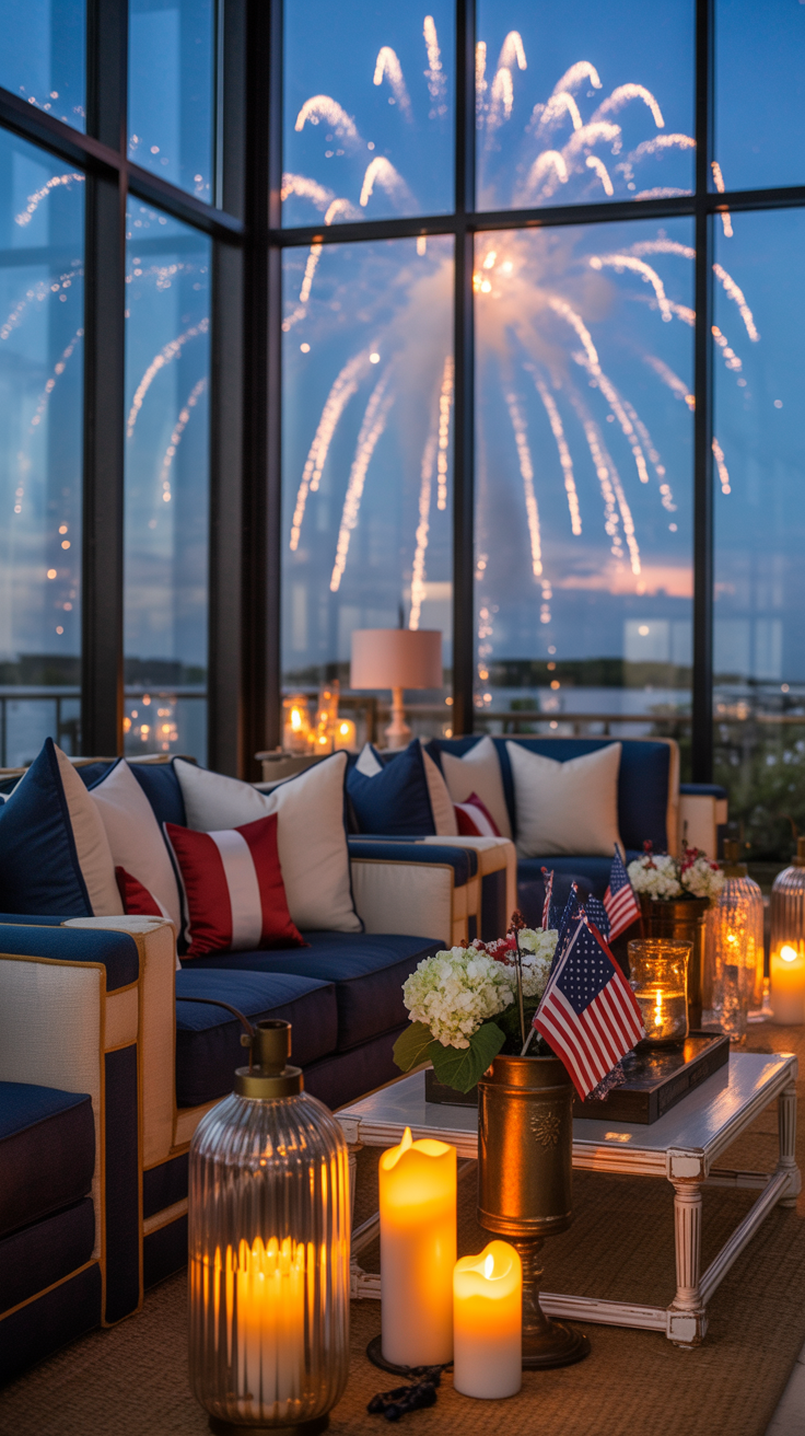 A cozy room with patriotic-themed decor, featuring candles and American flags, overlooks a large fireworks display through tall windows.