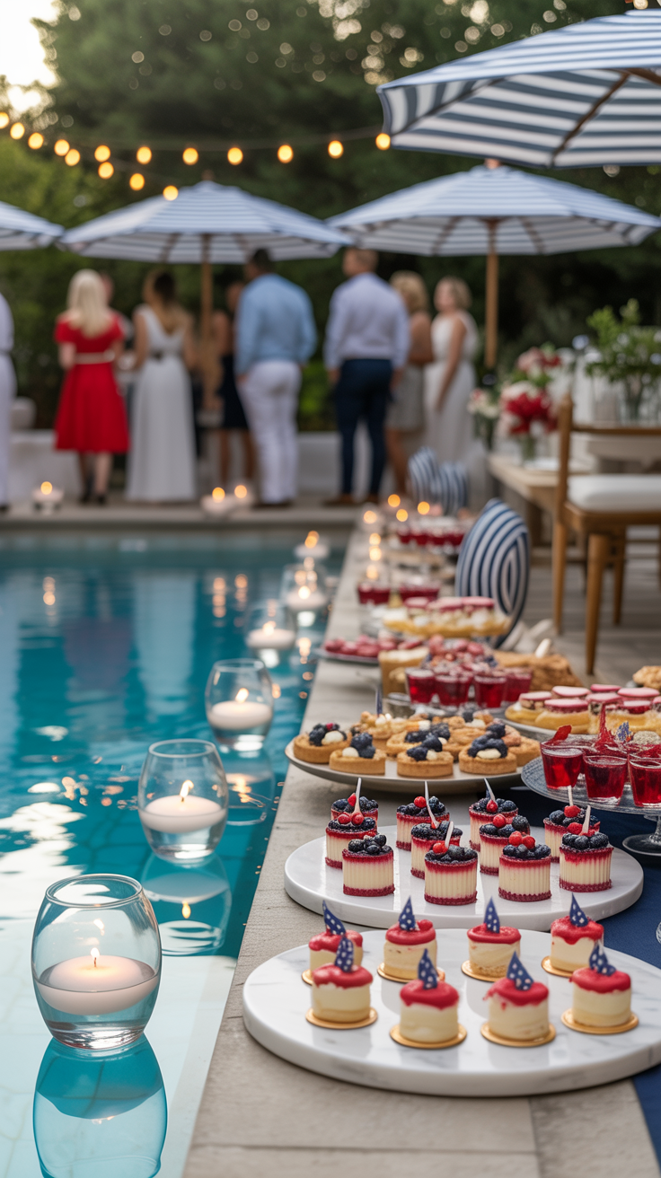 Desserts and candles line a poolside table at an outdoor party, with guests mingling under striped umbrellas in the background.