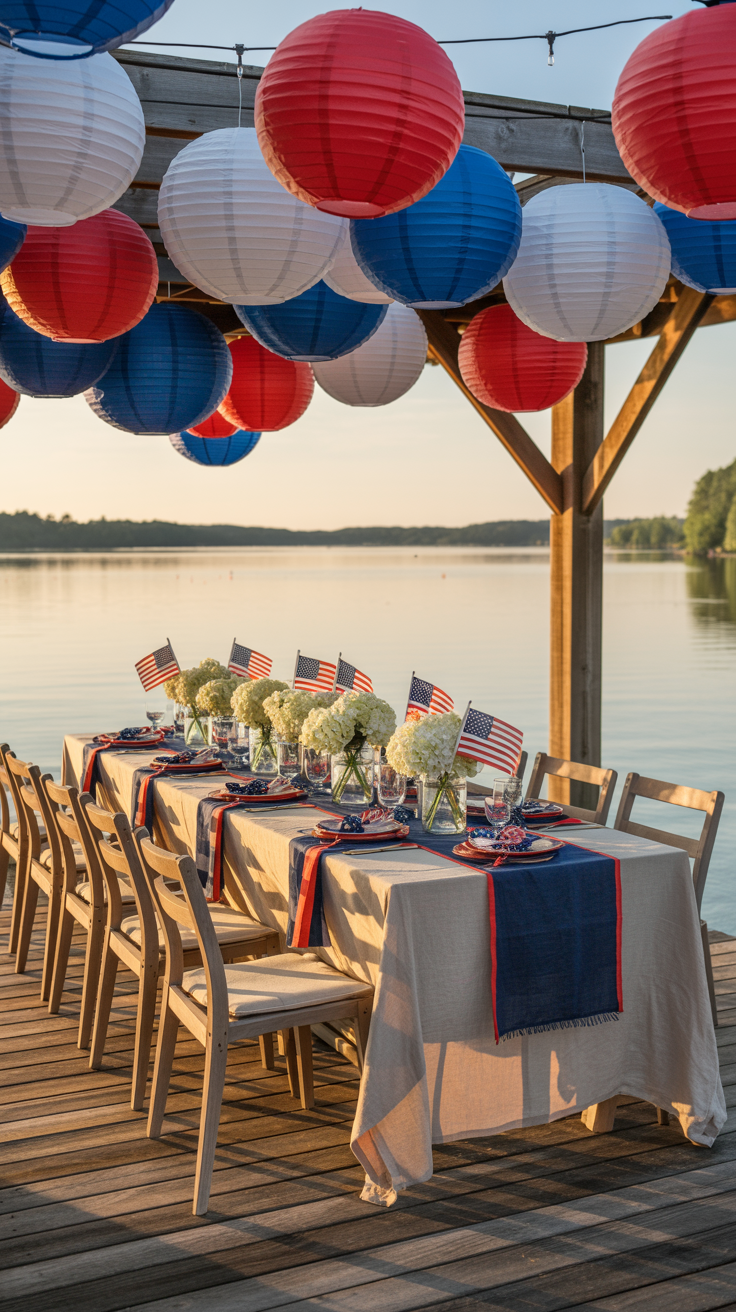 A lakeside table set for a celebration with red, white, and blue lanterns, small American flags, and floral centerpieces.
