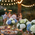 Outdoor garden party table with flowers, cheese, fruits, and candles, under string lights with blurred guests in the background.