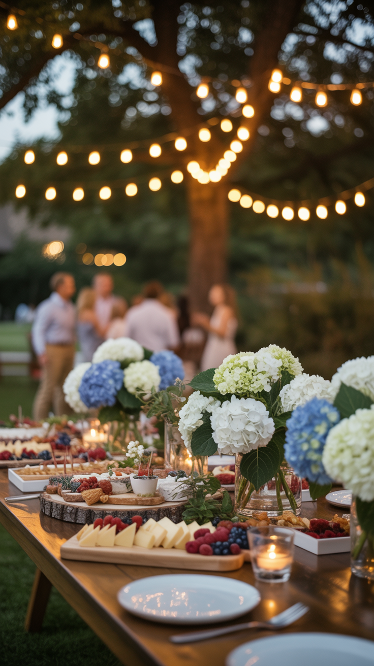 Outdoor garden party table with flowers, cheese, fruits, and candles, under string lights with blurred guests in the background.