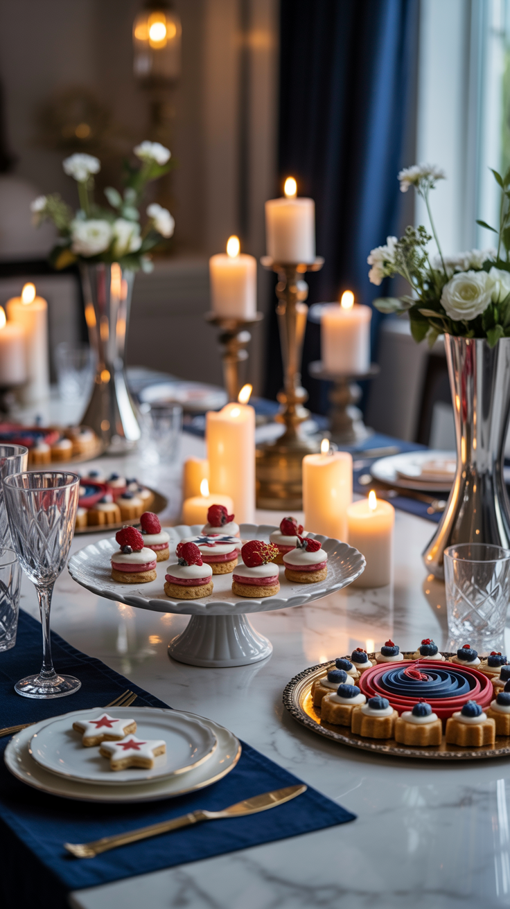 Elegant table setting with lit candles, floral arrangements, and assorted desserts, including layered cakes and a decorated tart.