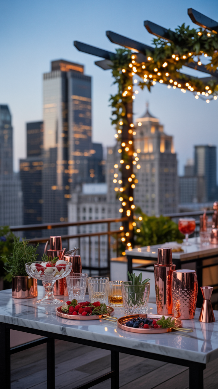 A rooftop setup with cocktails, copperware, and garnishes against a city skyline at dusk, with string lights and greenery.
