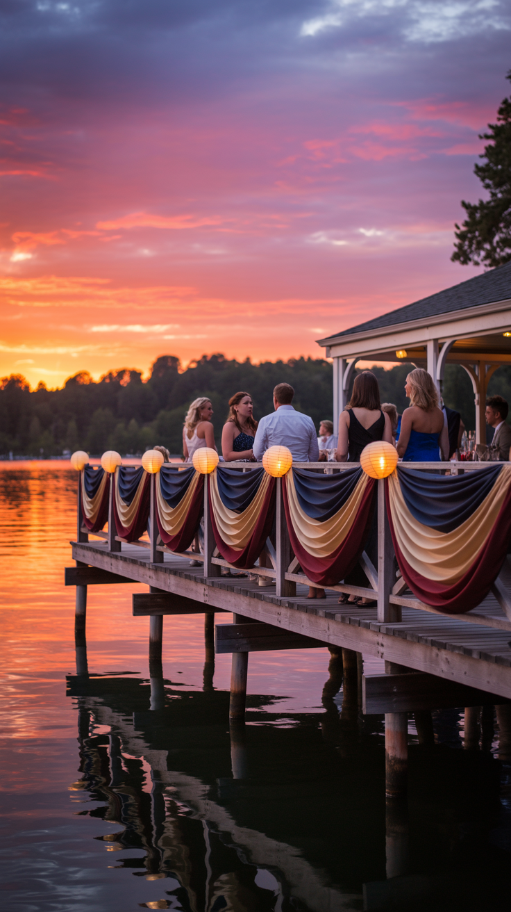 People talking on a decorated pier at sunset by a lake.