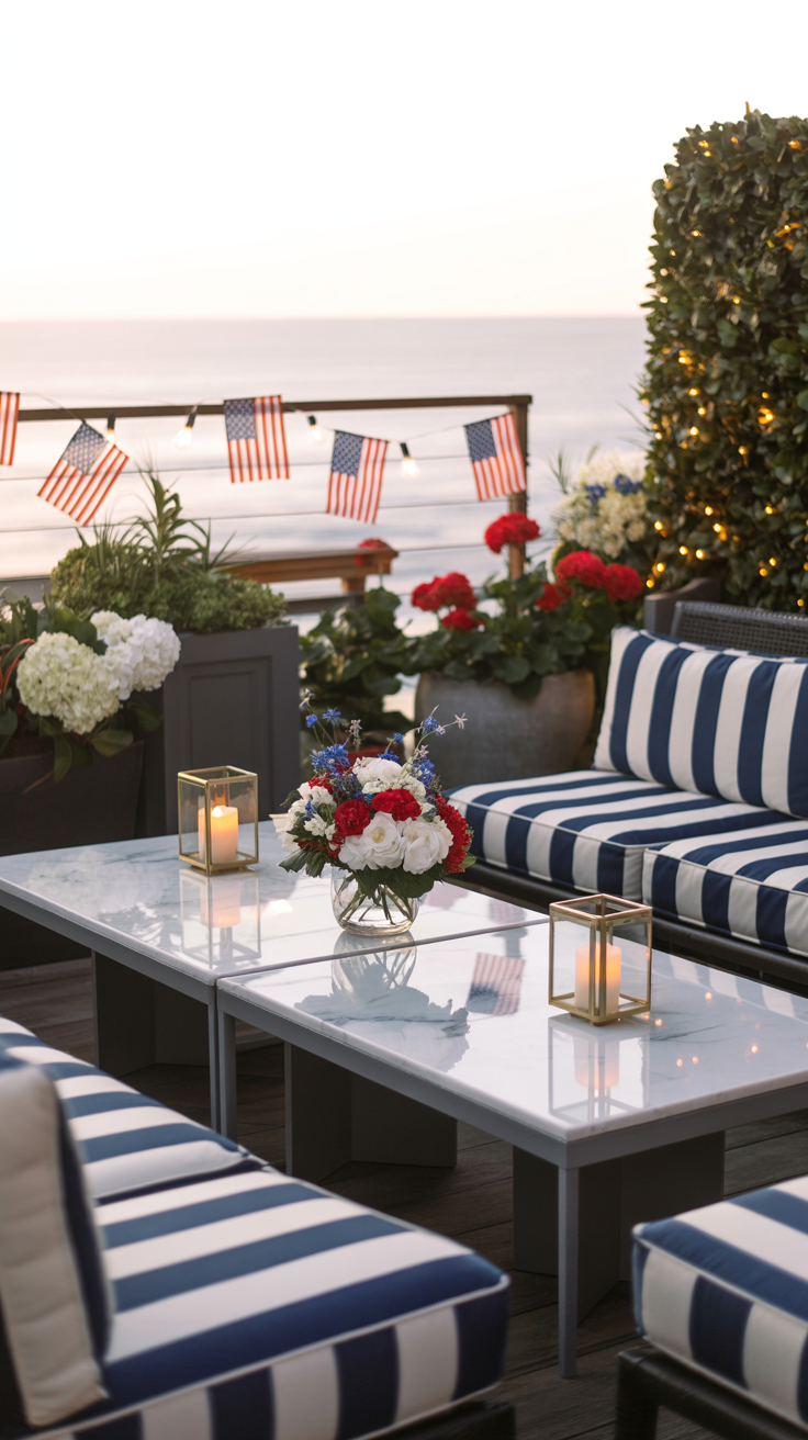 A patio with striped cushions, a table with candles, and a floral centerpiece features American flags and coastal views at sunset.
