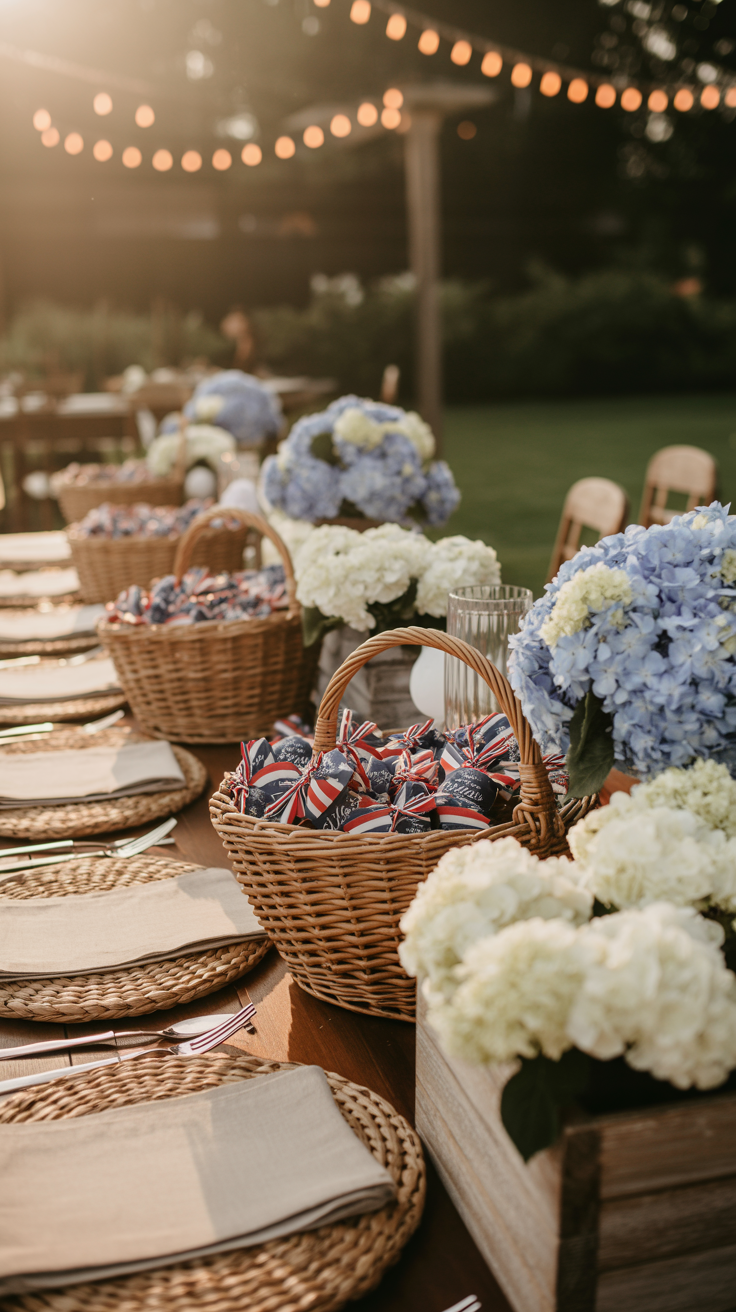 Outdoor table setting with baskets of wrapped items, surrounded by blue and white hydrangeas, under string lights at dusk.