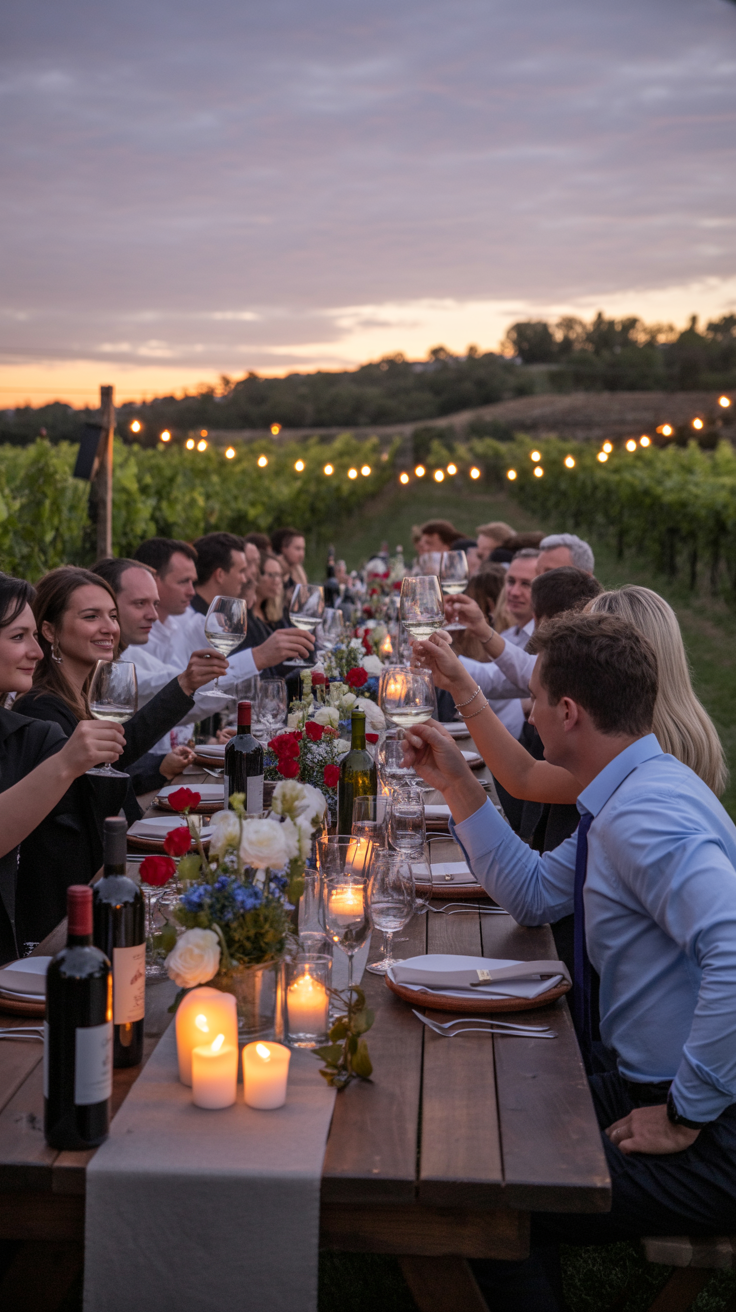 People raising glasses at a long, candle-lit table outdoors during sunset, surrounded by vineyard rows.