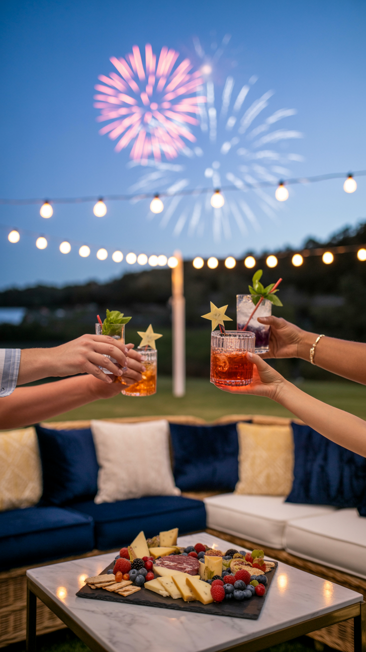 People toasting drinks outdoors with fireworks in the sky and a table with cheese and fruit platter in the foreground.