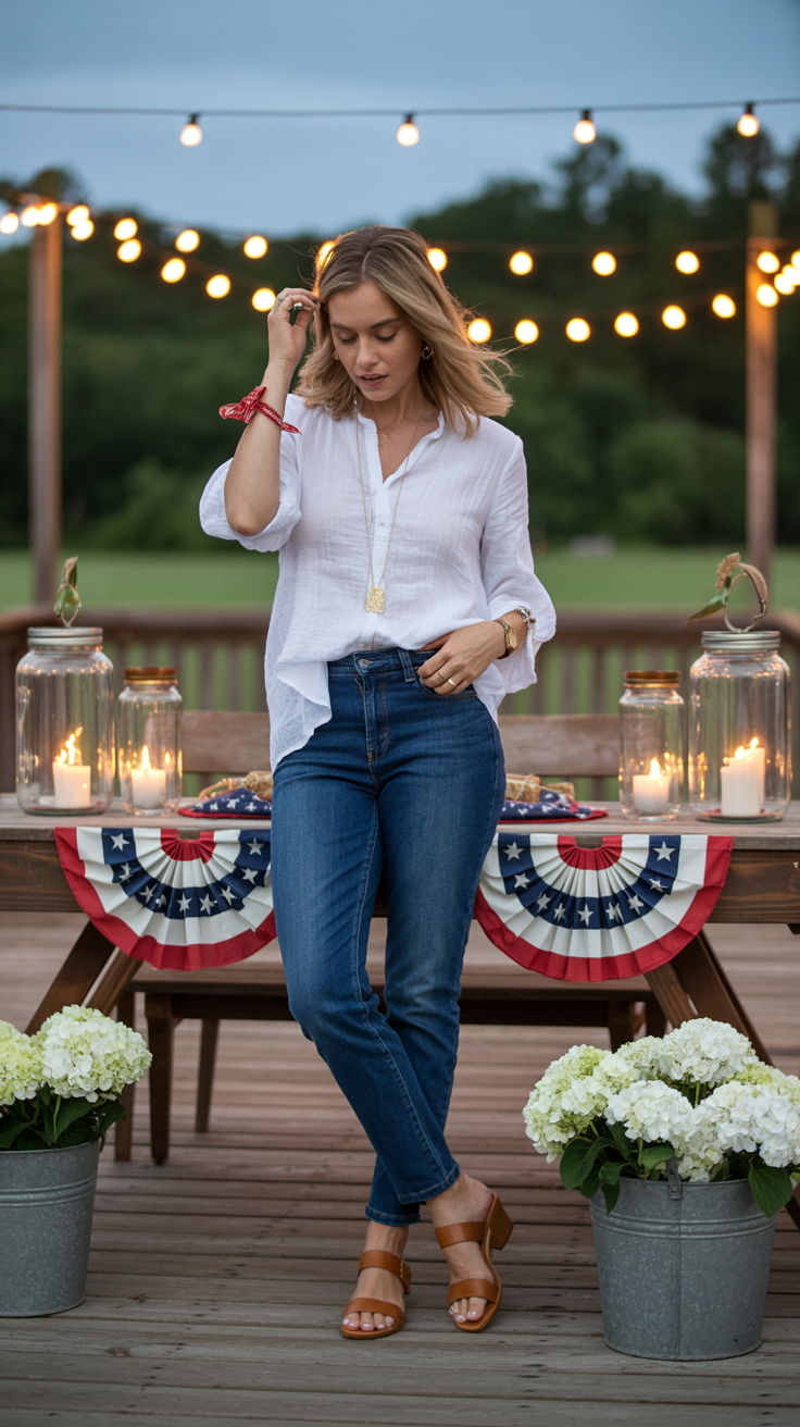 A woman in a white blouse and jeans stands on a deck adorned with string lights and patriotic decorations, with candles and hydrangeas nearby.