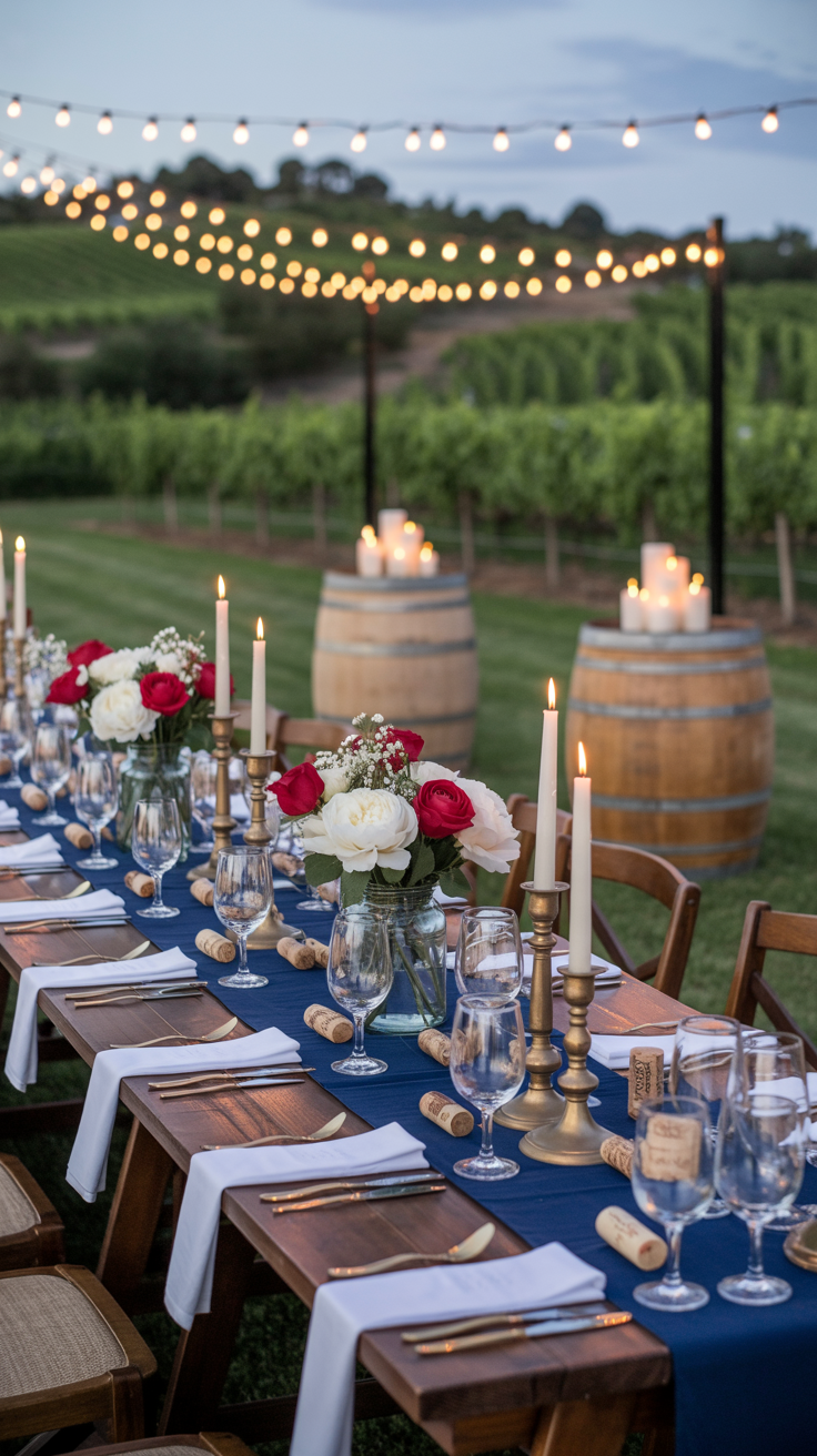 An elegantly set outdoor dining table with candles, flowers, and wine glasses under string lights, with vineyards in the background.